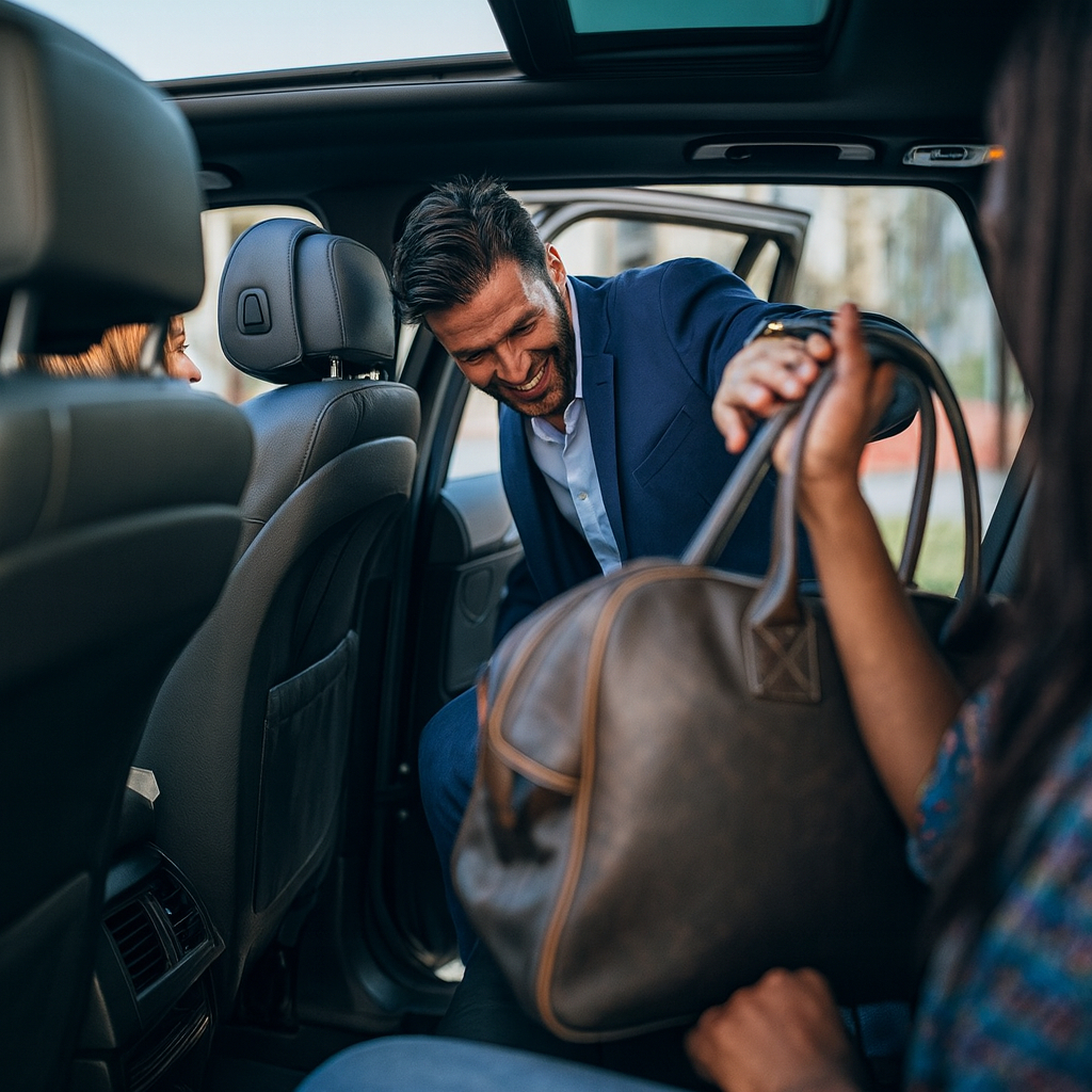 Man in suit entering luxury car, with brown bag, Marquee Limousines.