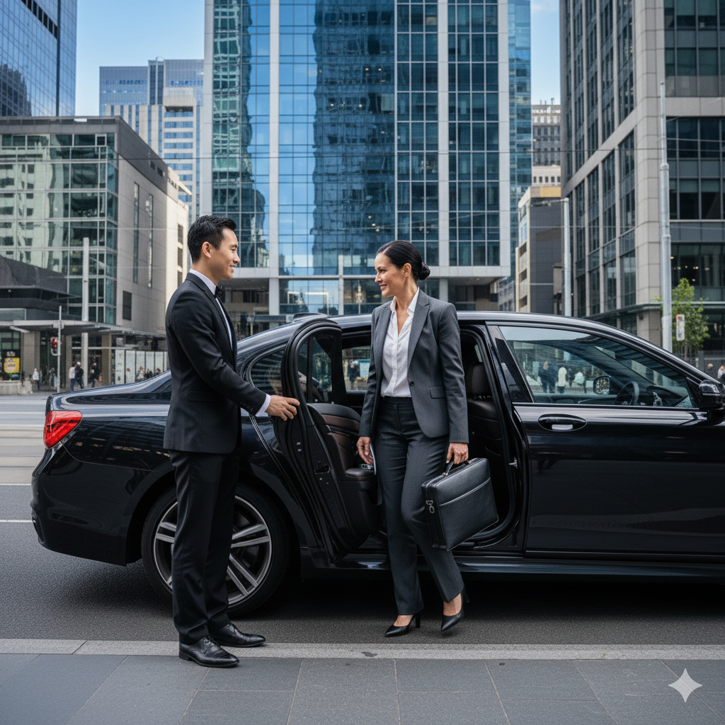 Chauffeur opening car door for businesswoman in city center, Marquee Limousines