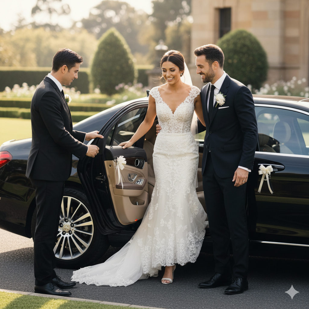 Bride and groom with chauffeur by luxury car for wedding.