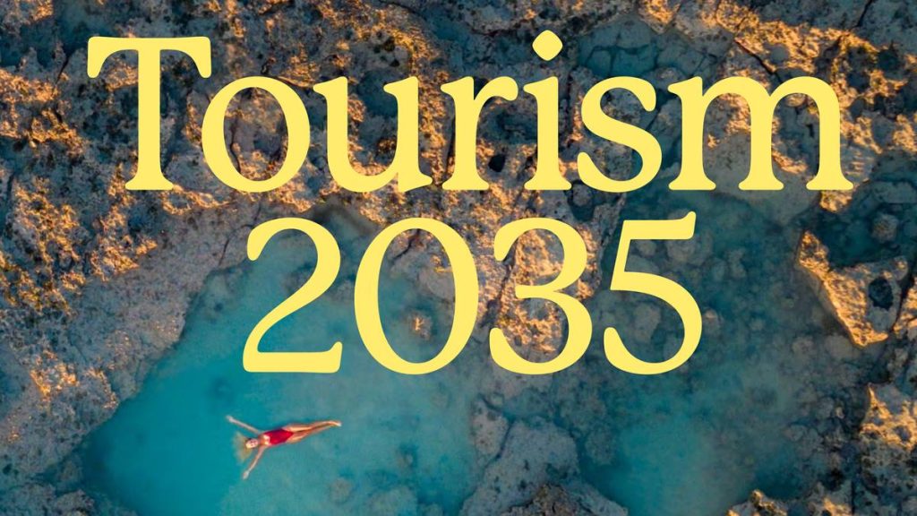 Cover of Tourism Australia's Tourism 2035 strategy, showing the title over an aerial view of a swimmer floating in a turquoise rock pool